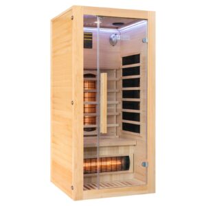 A wooden infrared sauna with glass doors and interior benches, featuring heating elements and LED lighting