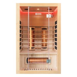 Wooden infrared sauna with glass door, integrated heating panels, and LED lighting